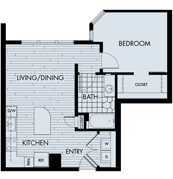 Floor plan for 1 bed, 1 bath, 747 sqft